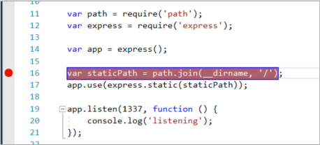 Snímek obrazovky s oknem editoru Visual Studio Code zobrazující kód JavaScriptu. Červená tečka v levém okraji indikuje, že je nastaven bod přerušení.