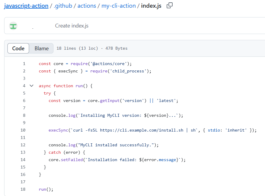 Skærmbillede af JavaScript-kode til index.js i en GitHub-handling.