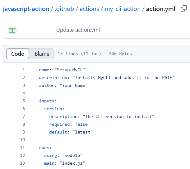 Skærmbillede af YAML-metadatafil til en JavaScript GitHub-handling.
