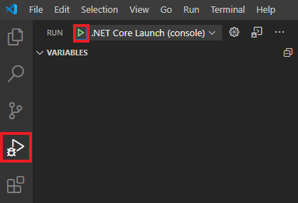 Skærmbillede af knappen Start fejlfinding i Visual Studio Code.