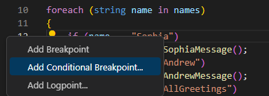 Skærmbillede, der viser indstillinger for indstilling af betingede pausepunkter i Visual Studio Code-editoren.