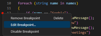 Skærmbillede, der viser muligheden for at redigere et pausepunkt i Visual Studio Code-editoren.