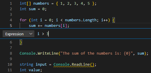 Skærmbillede, der viser et betinget pausepunktudtryk i Visual Studio Code-editoren.