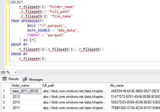 Skærmbillede af SSMS, der viser filsti-funktionen.