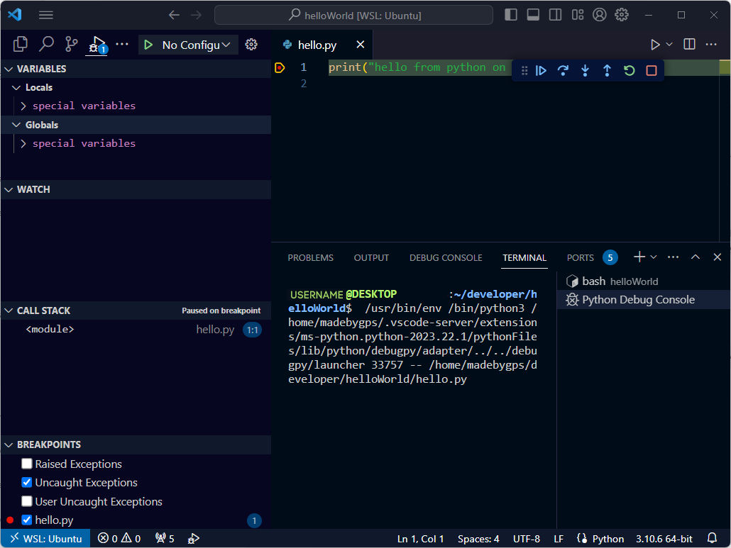 Skærmbillede af fejlfinding af Python-kode i Visual Studio Code.