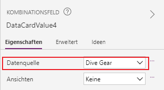 Screenshot des Canvas-App-Studios mit Fokus auf der Eigenschaft Datenquelle eines Kombinationsfelds