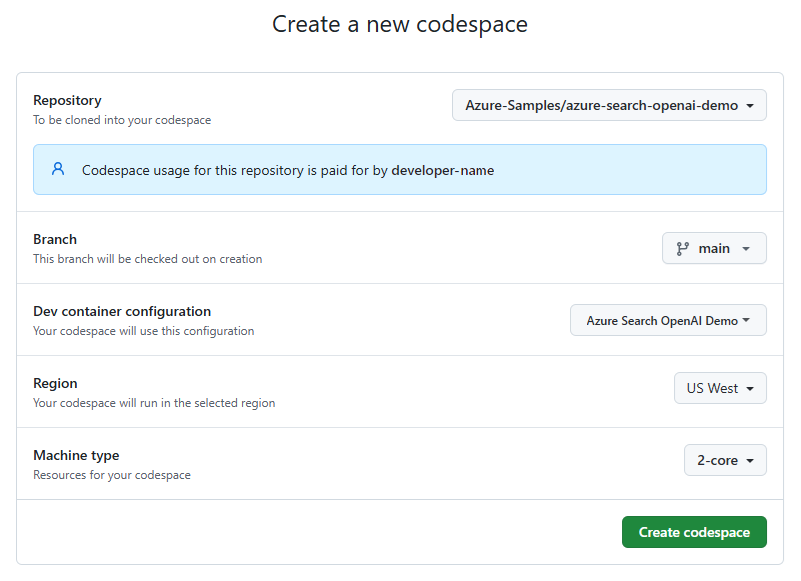 Captura de pantalla de la pantalla de confirmación para crear un nuevo espacio de código de GitHub para el ejemplo.