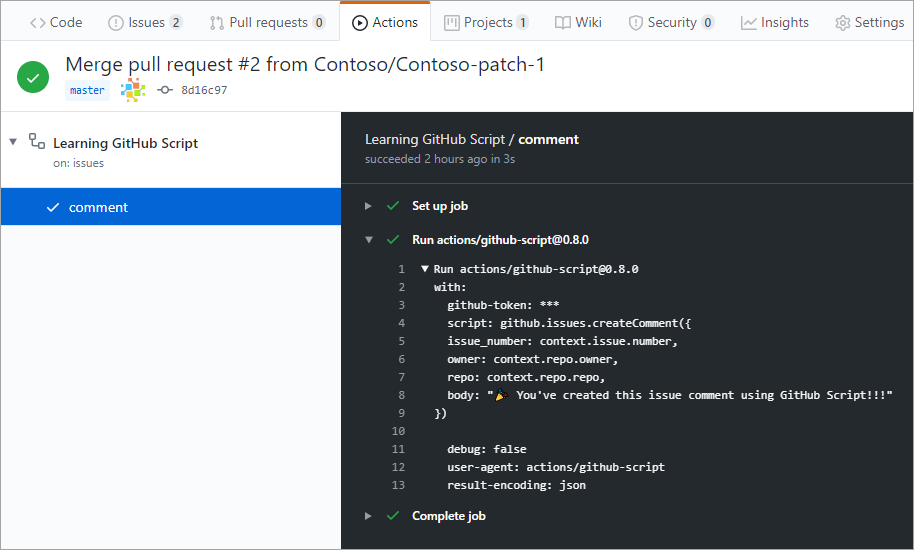 Capture d’écran d’un flux de travail GitHub Script terminé.