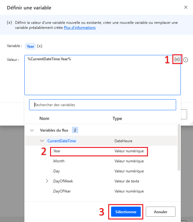 Capture d’écran de l’action Power Automate pour le bureau Définir une variable Year.