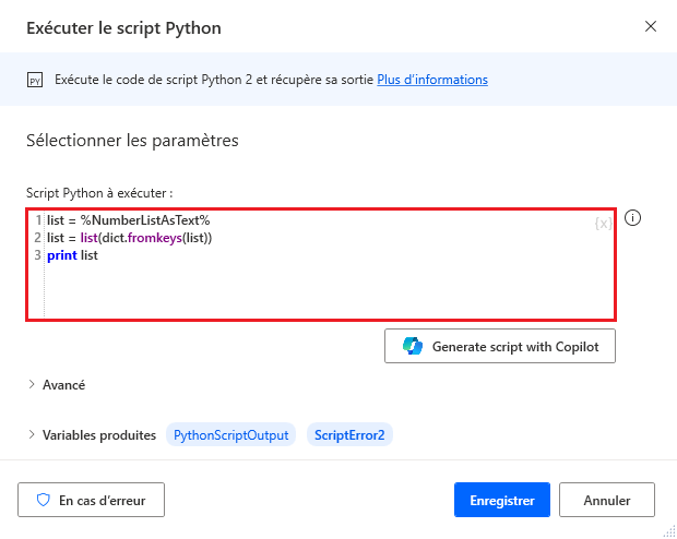 Capture d’écran de l’action Exécuter le script Python.