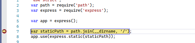 Képernyőkép a JavaScript-kódot megjelenítő Visual Studio Code-ablakról. A bal oldali ereszcsatornában sárga nyíllal ellátott piros pont jelzi a kód végrehajtásának szüneteltetését.