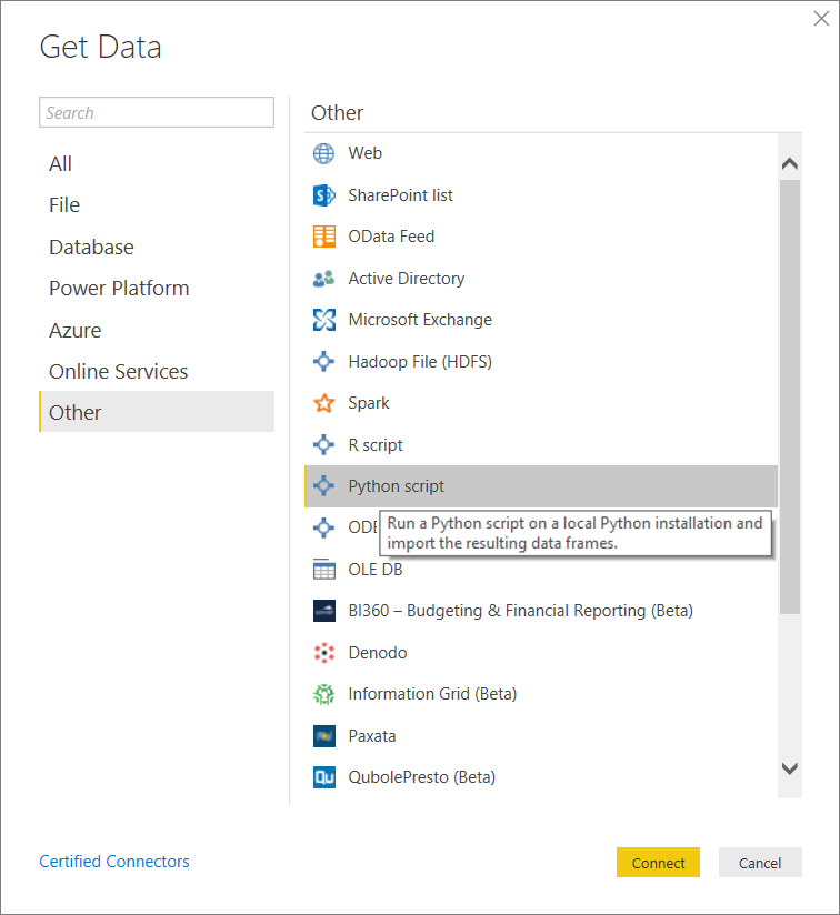 Cuplikan layar yang memperlihatkan Dapatkan Data dengan skrip Python dipilih.