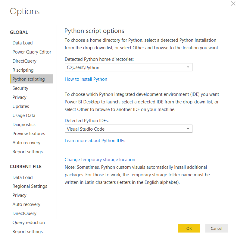 Cuplikan layar yang memperlihatkan opsi skrip Python untuk Power BI Desktop.