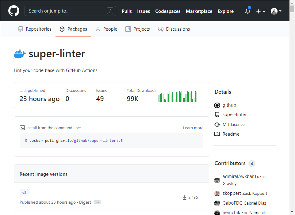 Halaman gambar kontainer GitHub, dengan daftar versi gambar, statistik, dan instruksi tentang cara menginstalnya.