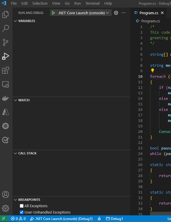 Cuplikan layar memperlihatkan opsi jalankan dalam tampilan Jalankan dan Debug.