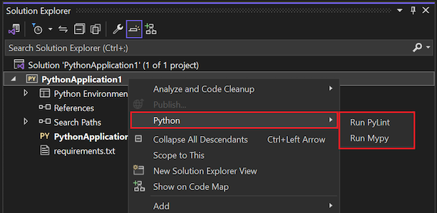 Cuplikan layar yang memperlihatkan perintah linting yang tersedia untuk proyek Python di Penjelajah Solusi.