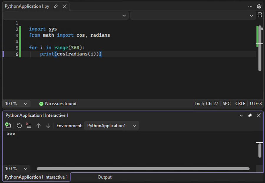 Cuplikan layar yang memperlihatkan Jendela Interaktif untuk Python terbuka di bawah editor kode di Visual Studio.