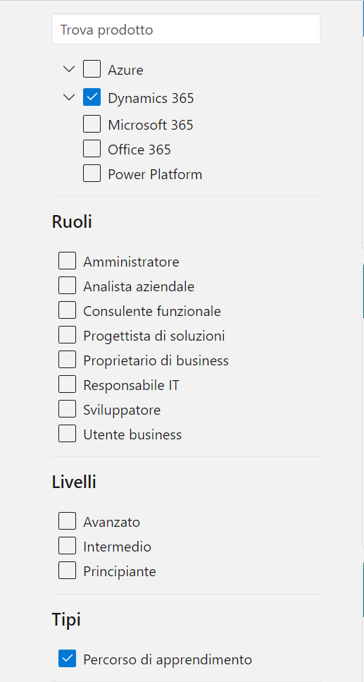 Screenshot delle opzioni di filtro con ruoli e tipi selezionati.