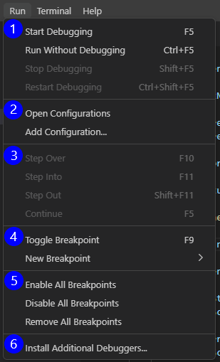 Screenshot che mostra il menu Esegui di Visual Studio Code con le opzioni di debug.