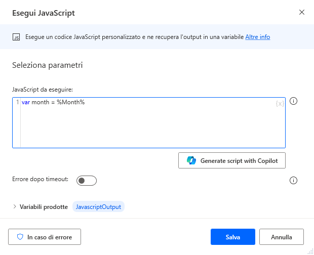Screenshot dell'azione Esegui JavaScript.