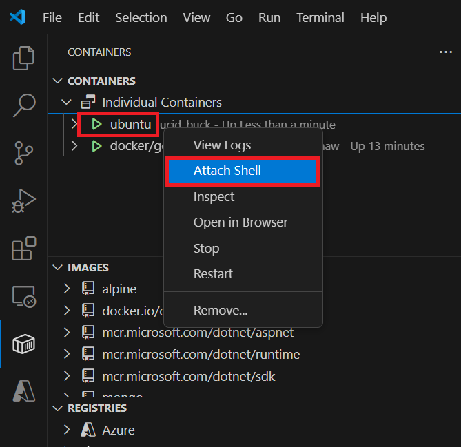 Screenshot che mostra l'estensione Strumenti per i container con un contenitore selezionato e un menu di scelta rapida con Attacca Shell selezionato.