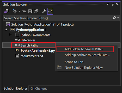 Screenshot che mostra come accedere al comando Aggiungi cartella al percorso di ricerca nei percorsi di ricerca per un progetto Python in Esplora soluzioni.