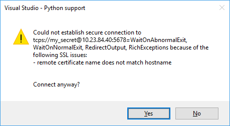 リモート SSL 証明書がホスト名と一致しないことを示す警告のスクリーンショット。