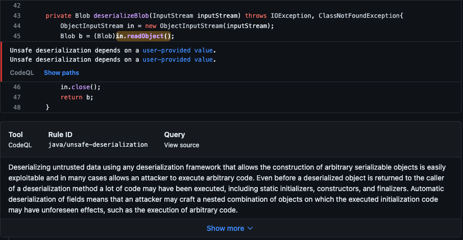 GHAS의 CodeQL 분석 경고 스크린샷