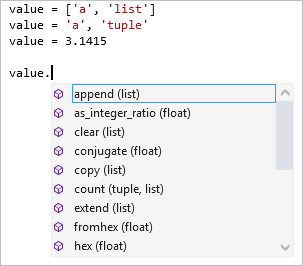 Visual Studio 편집기에서 여러 형식의 멤버 완성을 보여 주는 스크린샷