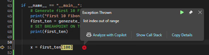 Visual Studio 디버거에서 처리되지 않은 오류에 대한 예외 팝업을 보여 주는 스크린샷
