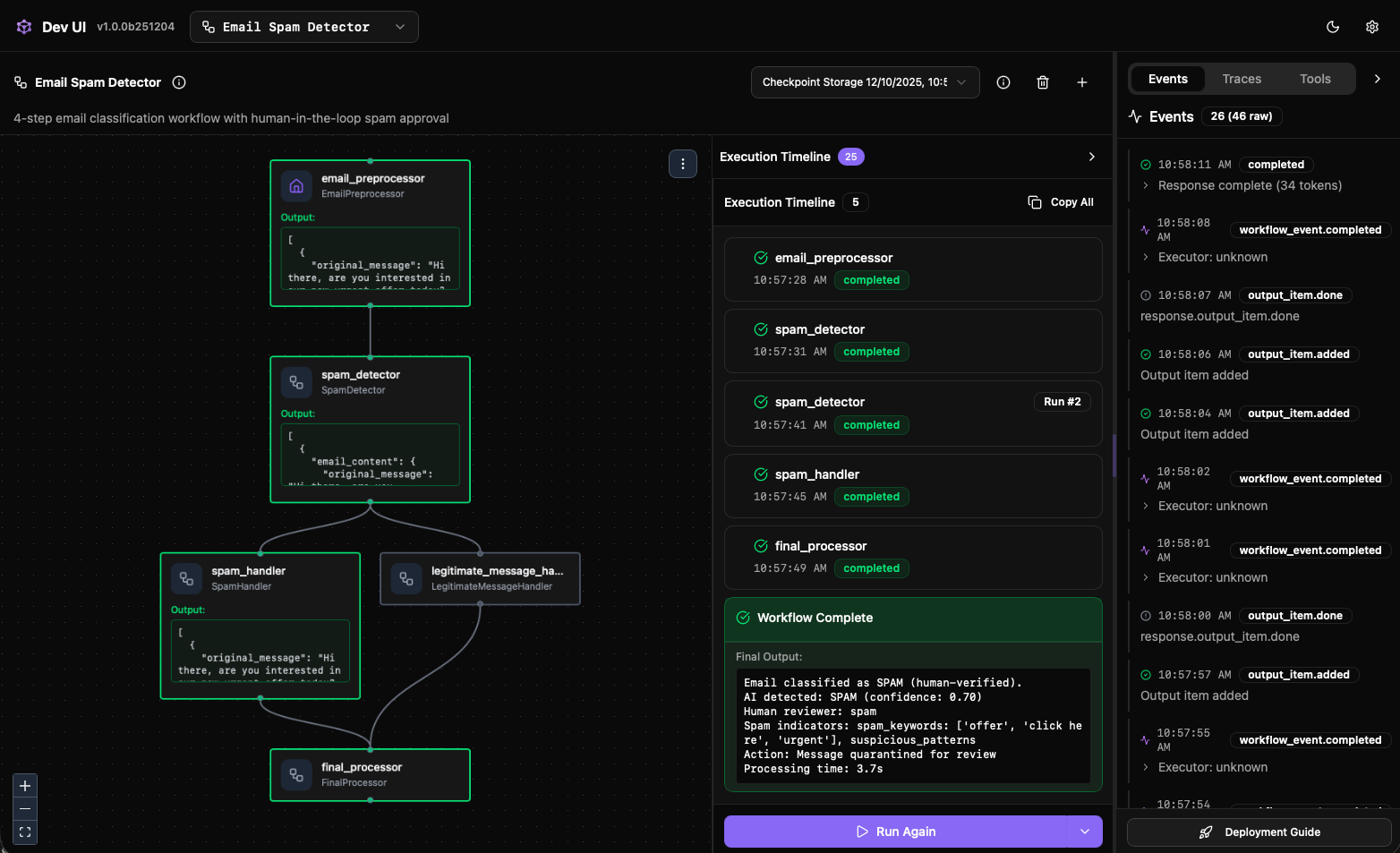 Panel kontrolny devUI Agent Framework pokazujący katalog agentów i śledzenie