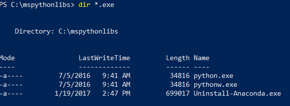 Zrzut ekranu z terminalu programu PowerShell przedstawiający listę plików wykonywalnych języka Python wynikających z uruchamiania dir *.exe.