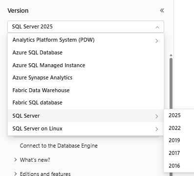 Zrzut ekranu przedstawiający filtr wersji witryny SQL Docs.