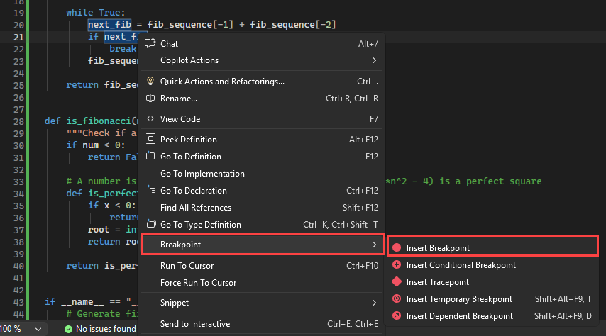 Screenshot pokazujący, jak punkty przerwania są wyświetlane na lewym marginesie pliku kodu w pliku Visual Studio.