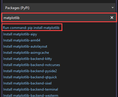 Zrzut ekranu przedstawiający sposób instalowania biblioteki matplotlib dla wybranego środowiska w oknie Środowiska języka Python w programie Visual Studio.