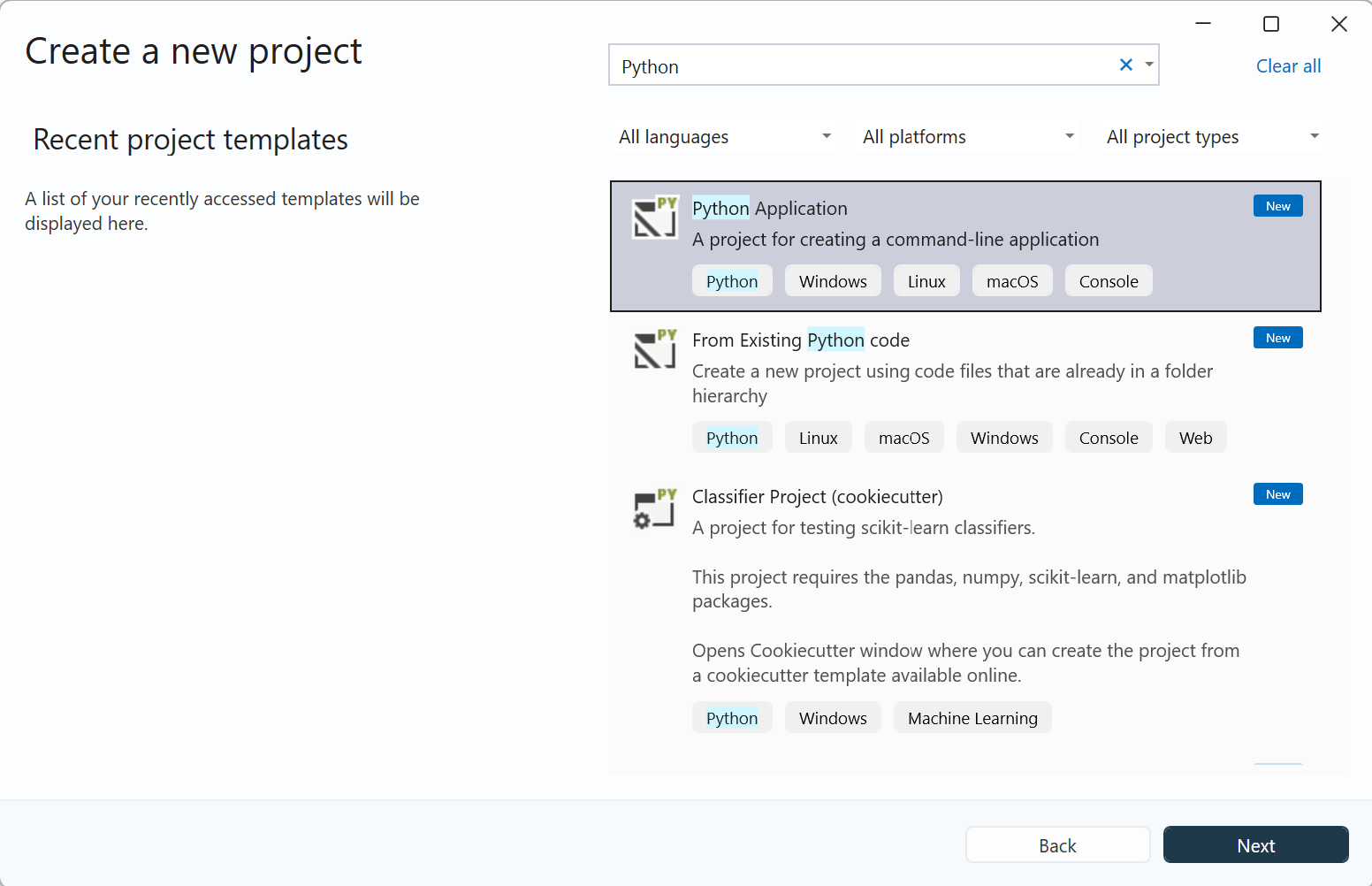 Zrzut ekranu przedstawiający okno dialogowe Tworzenie nowego projektu w programie Visual Studio. Szablony projektów języka Python są widoczne.