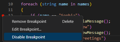 Captură de ecran afișând opțiunea de dezactivare a unui punct de întrerupere în editorul De cod Visual Studio.