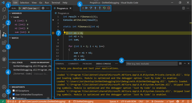 Captură de ecran afișând secțiunile interfeței de utilizator de depanare Visual Studio Code.