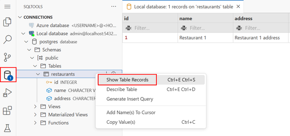 Снимок экрана: использование расширения SQLTools в Visual Studio Code для подключения к локальной базе данных Postgres и отображения записей таблиц.