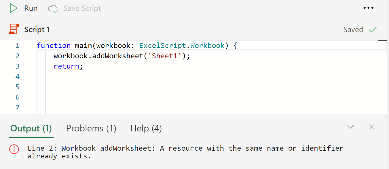 Консоль редактора кода, отображающая ошибку из вызова addWorksheet.