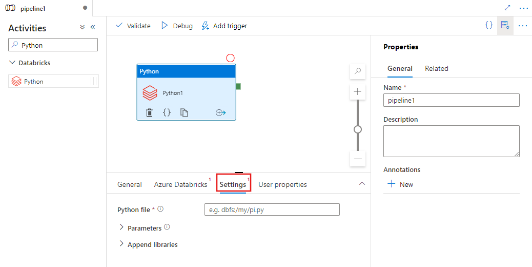 Visa användargränssnittet för fliken Inställningar för en Python activity.