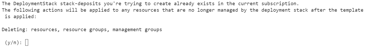 สกรีนช็อตที่แสดงคําเตือนบรรทัดคําสั่ง Azure CLI ที่มีสแตกการปรับใช้อยู่แล้ว