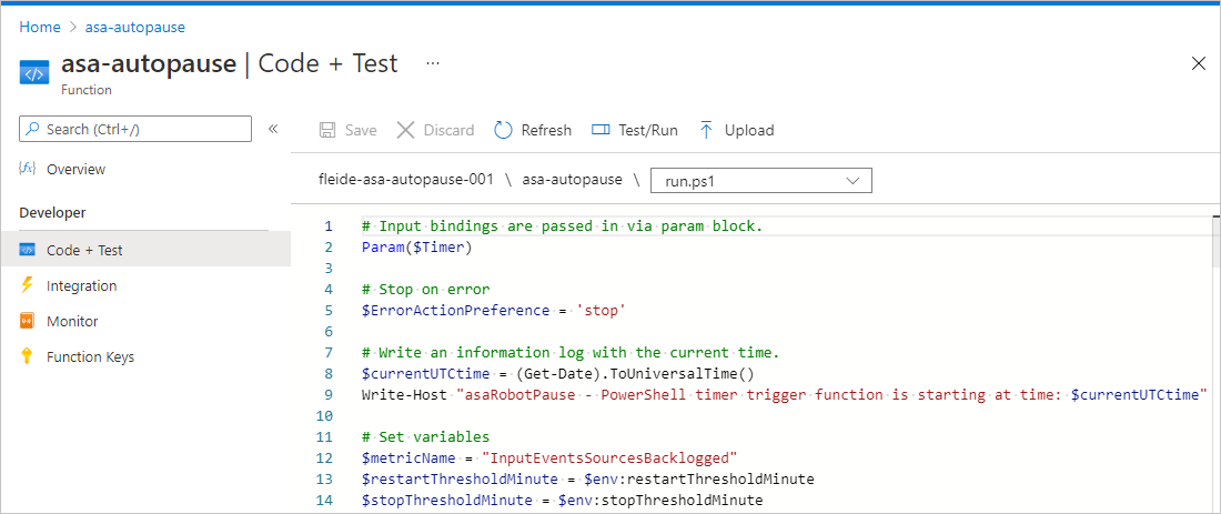 İşlevin Code+Test bölmesinin ekran görüntüsü.