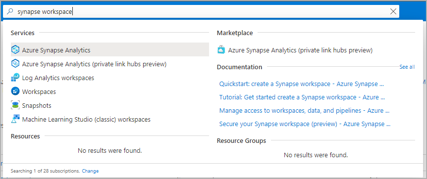 Synapse çalışma alanlarının yazıldığı Azure portalı arama çubuğu.