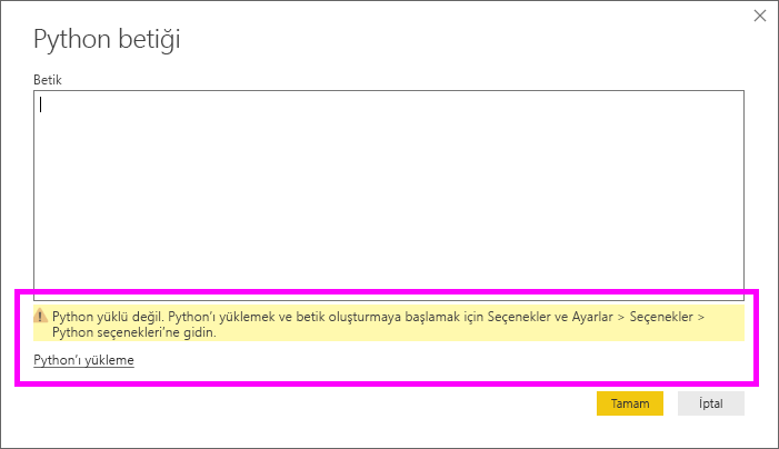 Python'ın yüklenmediğini belirten uyarının ekran görüntüsü.
