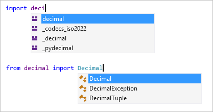 Visual Studio düzenleyicisinde 'import' ve 'from import' tamamlama işlemini gösteren ekran görüntüsü.