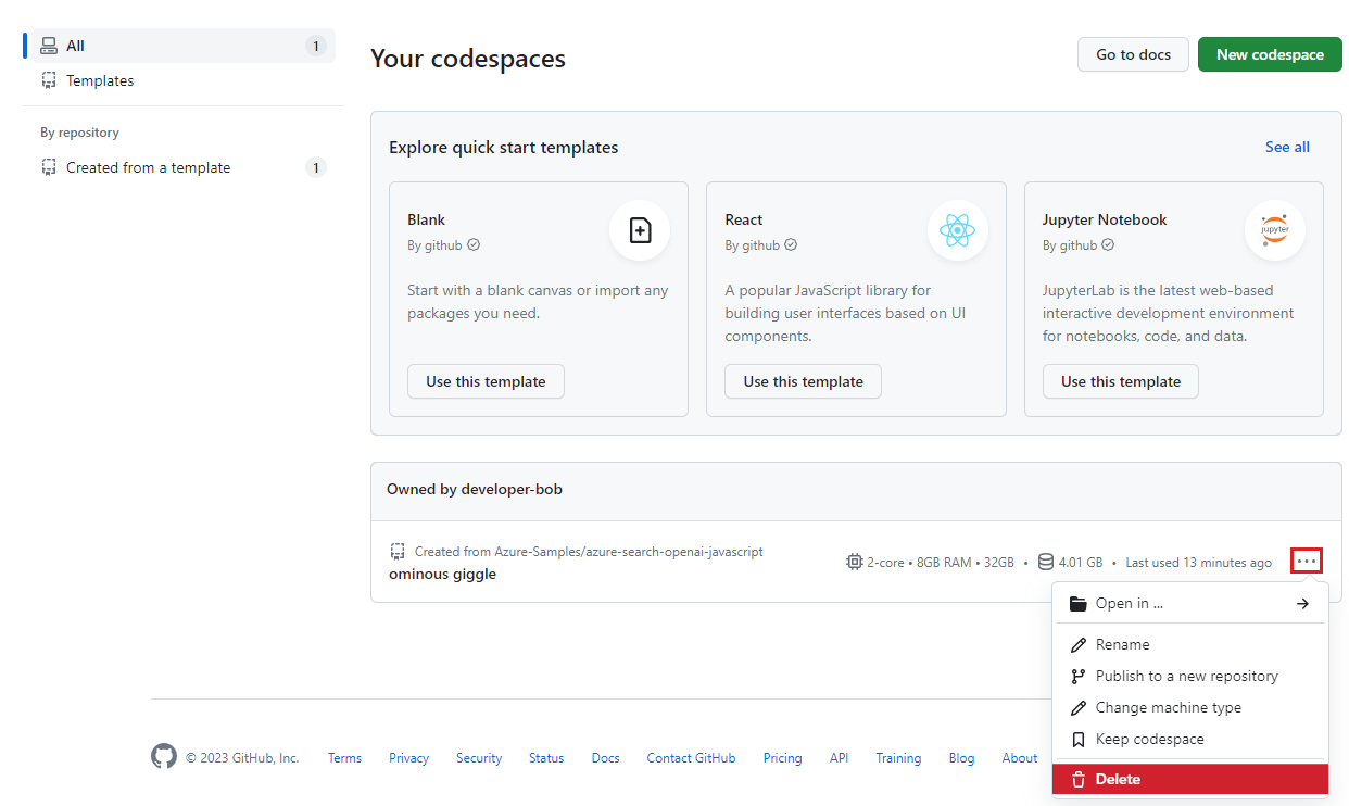單一 Codespace 的快顯功能表螢幕擷取畫面，其中已醒目提示刪除選項。