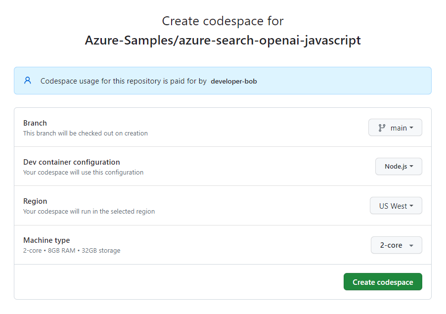 建立新 codespace 之前的確認畫面螢幕截圖。