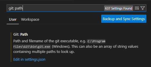 Visual Studio Code 設定搜尋列的 Git 路徑螢幕快照。